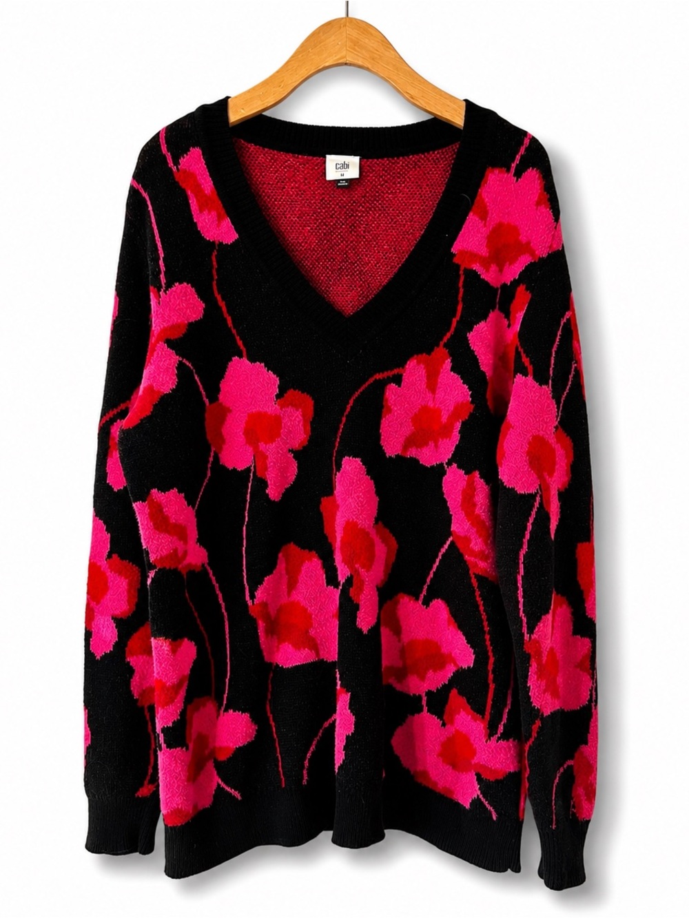 Cabi Floral V-Neck Knit Sweater Pink Black Cotton Blend Relaxed Medium